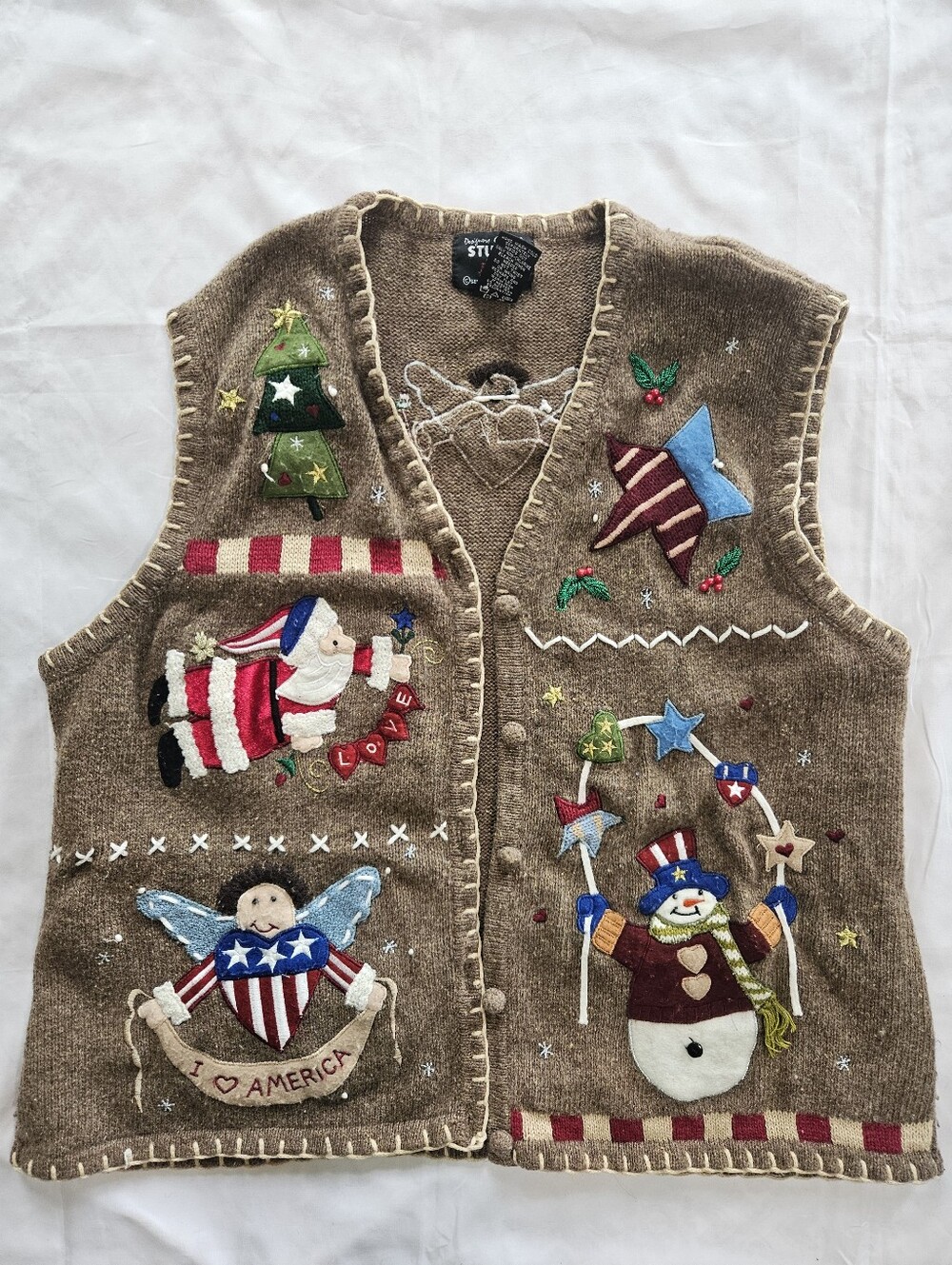 Designers Originals Studio Joy Womens L Brown American Christmas Sweater Vest